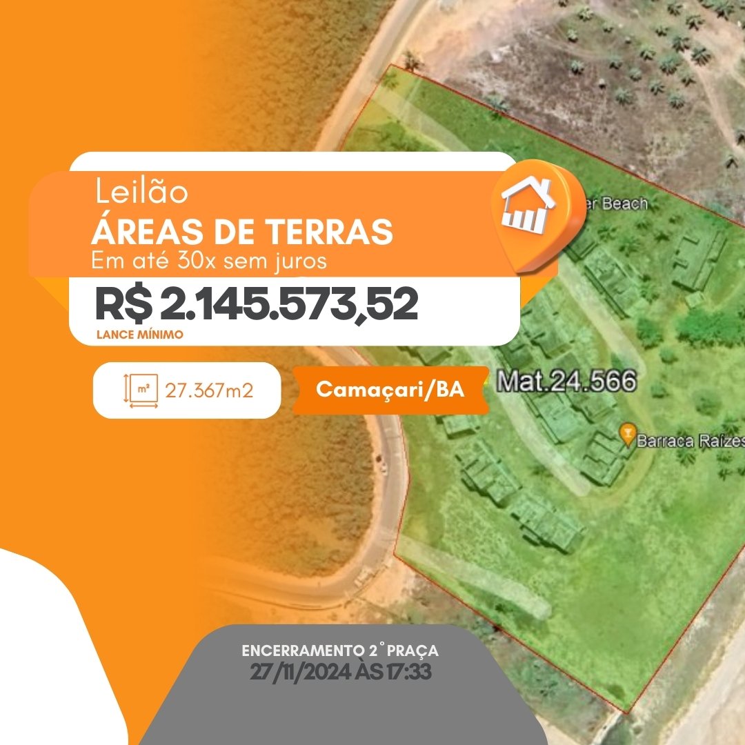 a) UMA ÁREA DE TERRAS no Sitio Recreio em Itacimirim, distrito de Monte Gordo, Município de Camaçari, neste Estado, medindo 27.367,78m² (vinte e sete mil trezentos e sessenta e sete metros e setenta e oito centímetros quadrados), originária da unificação de uma área com a denominação da Fazenda Recife e a outra área com denominação de Fazenda Itacimirim. Inscrição Imobiliária sob o nº 01.71.016.1586 (conf.fls.506-517). Matriculado no 1º CRI de Camaçari/BA sob o nº 24.566. 