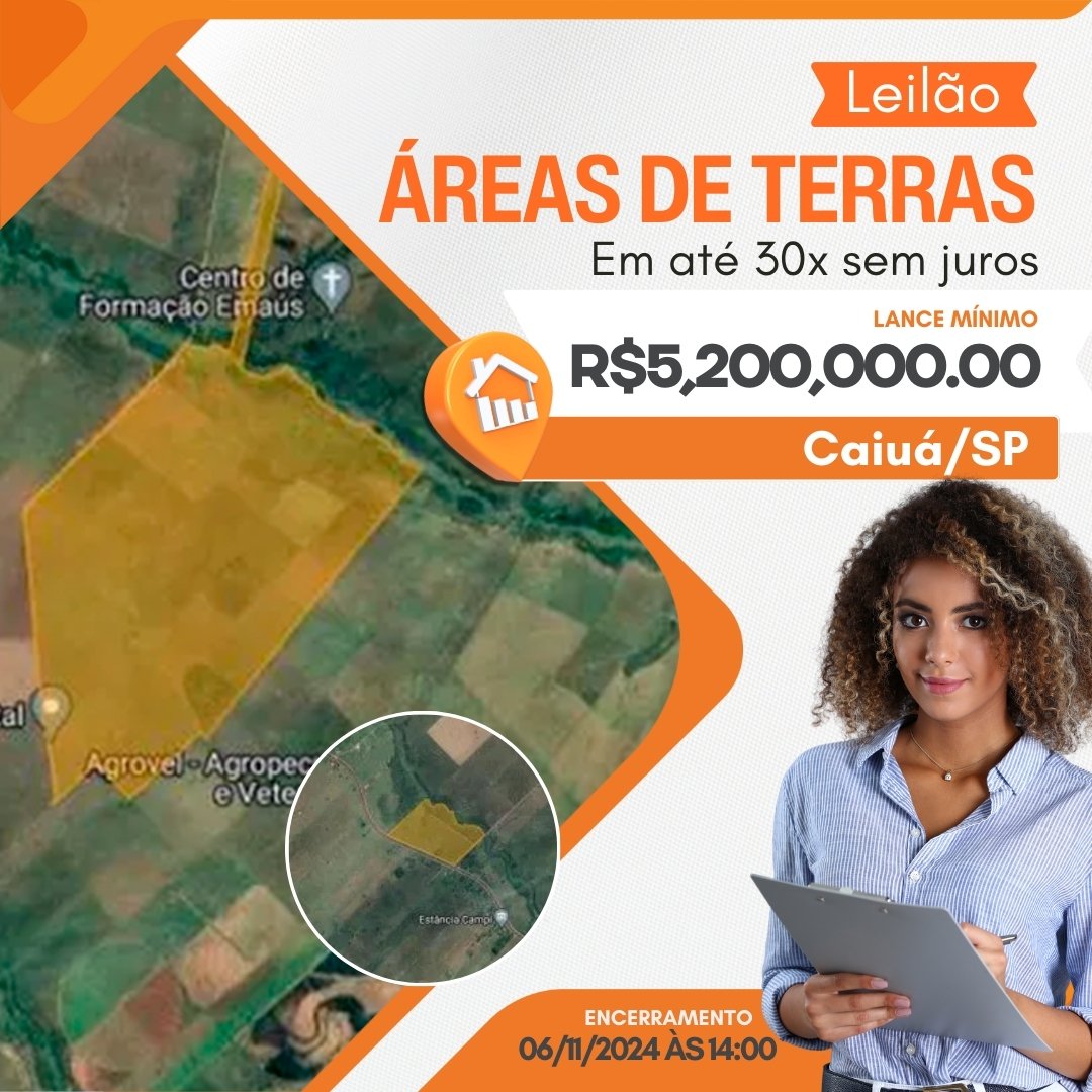 40 Alqueires destacados de 2 Glebas de Terra com área total de 979,006 hectares composta por 2 matrículas registradas no Cartório de Registro de Imóveis de Presidente Epitácio/SP, a seguir relacionadas:

* Parte Ideal de 20 Alqueires da Matrícula nº 20.745 do CRI de Presidente Epitácio/SP - UMA GLEBA DE TERRAS, com a área de 804,3602has (oitocentos e quarenta hectares, trinta e seis ares e dois centiares), denominada ''Fazenda Natal - Gleba A'' situada no município de CAIUÁ, comarca de Presidente Epitácio/SP, compreendida dentro do roteiro de medidas e divisas constantes no referido registro do imóvel (em anexo). Registro Anterior: R.2/Matrícula n° 6.431.
